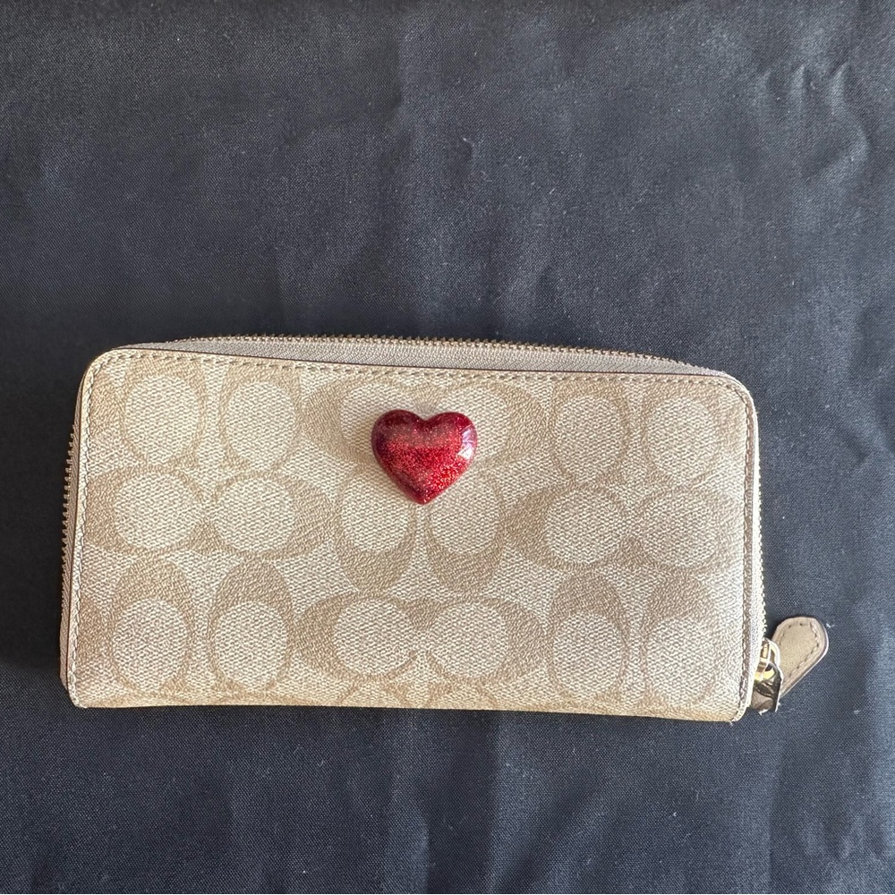 Coach Signature C Tan Wallet with Red Heart Accent